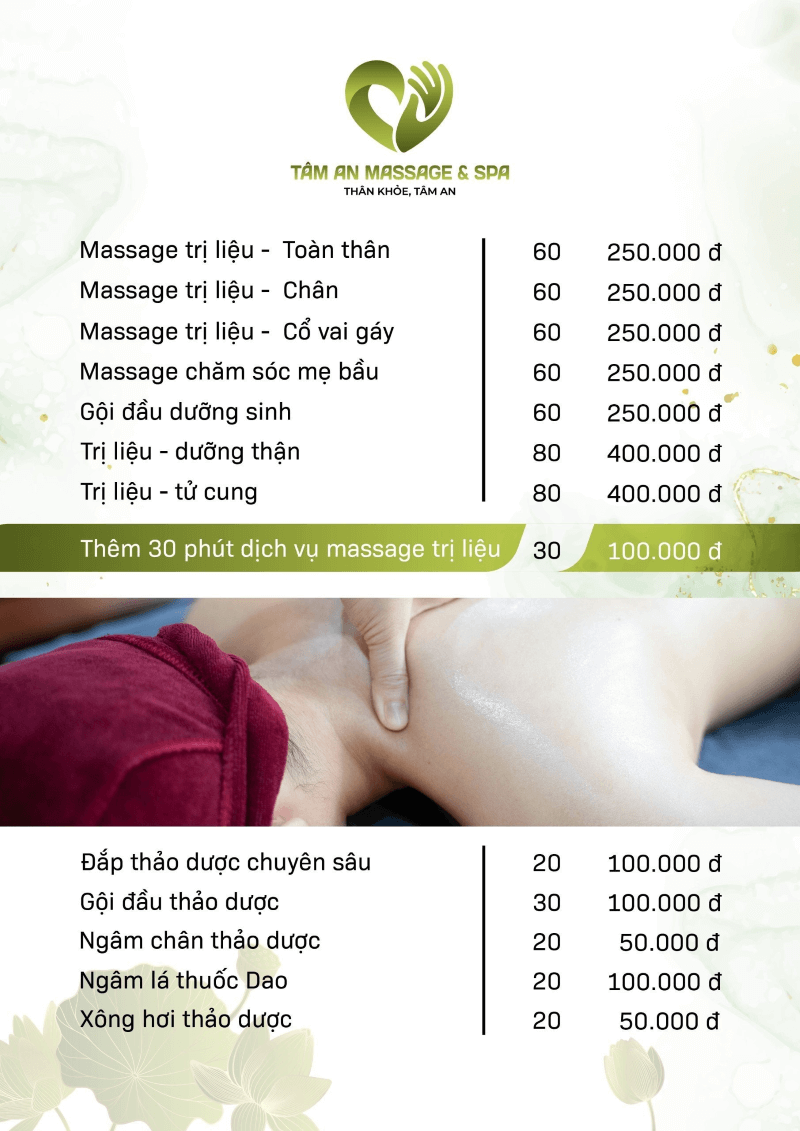 Bảng giá dịch vụ massage tại Tâm AN